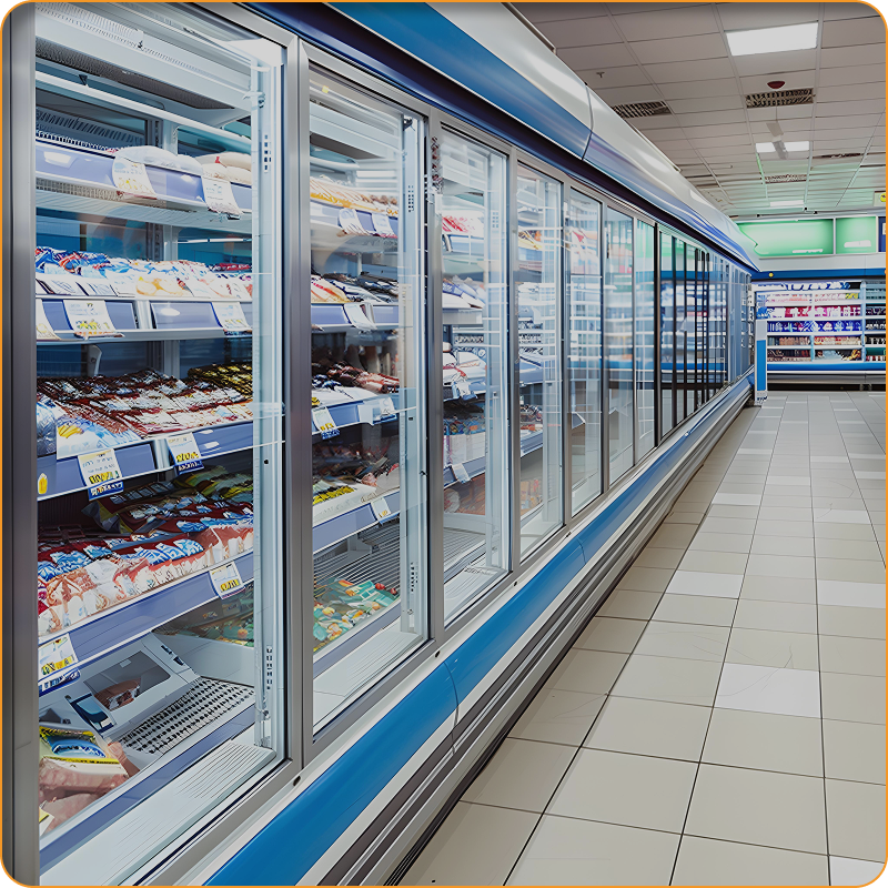 Un pasillo de supermercado con muchos estantes y refrigeradores.