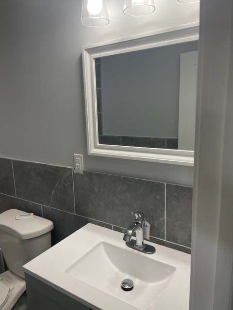 A bathroom with a sink a toilet and a mirror