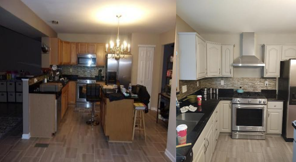 A before and after photo of a kitchen with stainless steel appliances