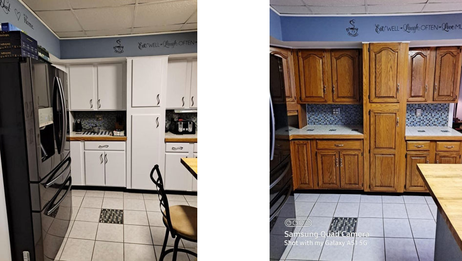 A before and after photo of a kitchen with white cabinets and wooden cabinets.