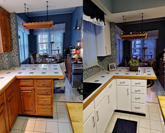 A before and after photo of a kitchen