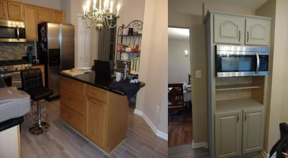 A before and after photo of a kitchen with stainless steel appliances and wooden cabinets.