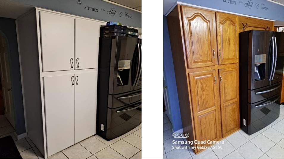 A before and after photo of a kitchen with a black refrigerator and wooden cabinets.