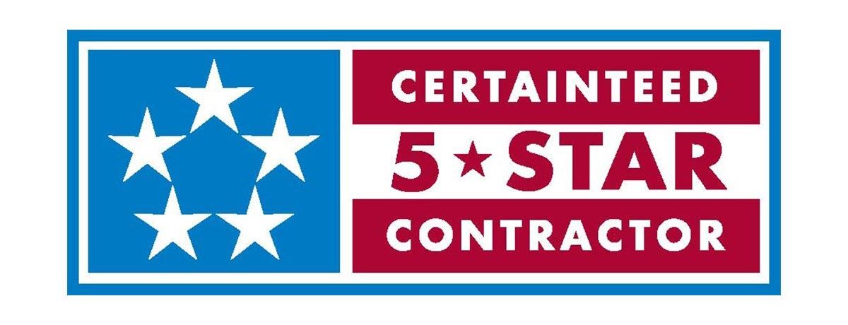 CertainTeed 5-Star Contractor logo, blue and red rectangles, white stars, and text.