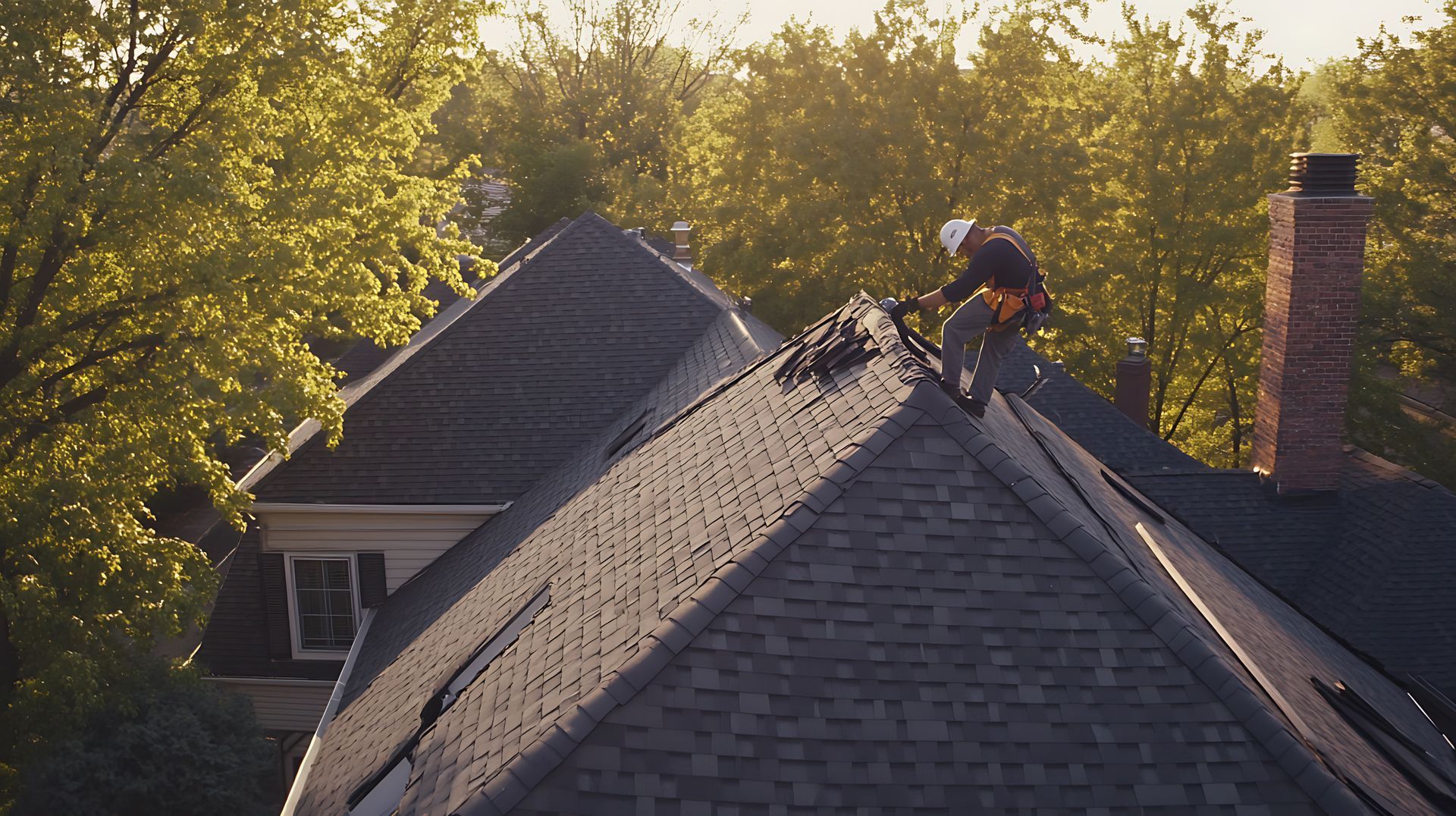 A construction worker in a hard hat walks along the ridgeline of a dark shingled roof at sunset, surrounded by trees.