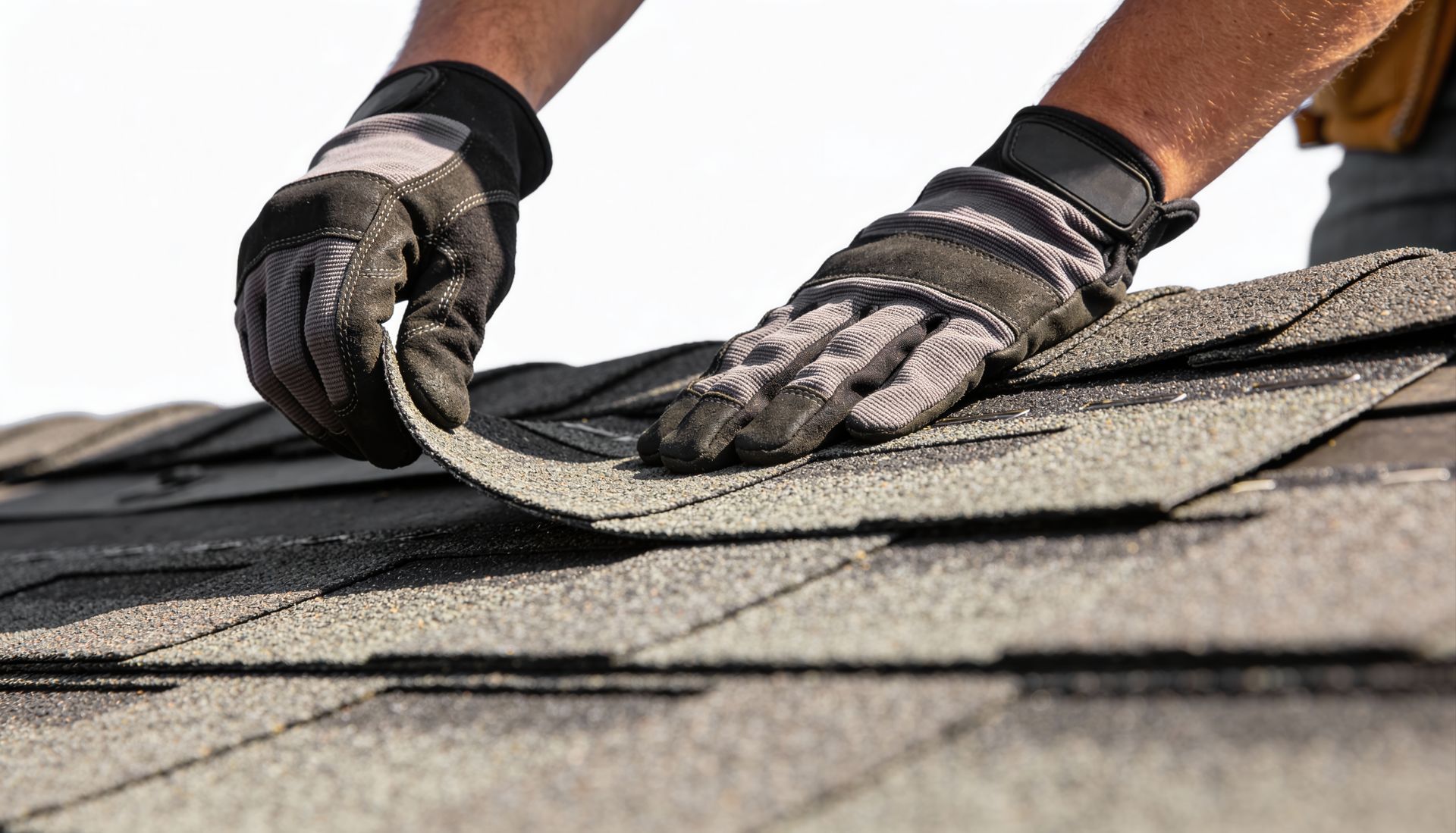 A close-up of a person wearing work gloves installing gray asphalt shingles on a roof.