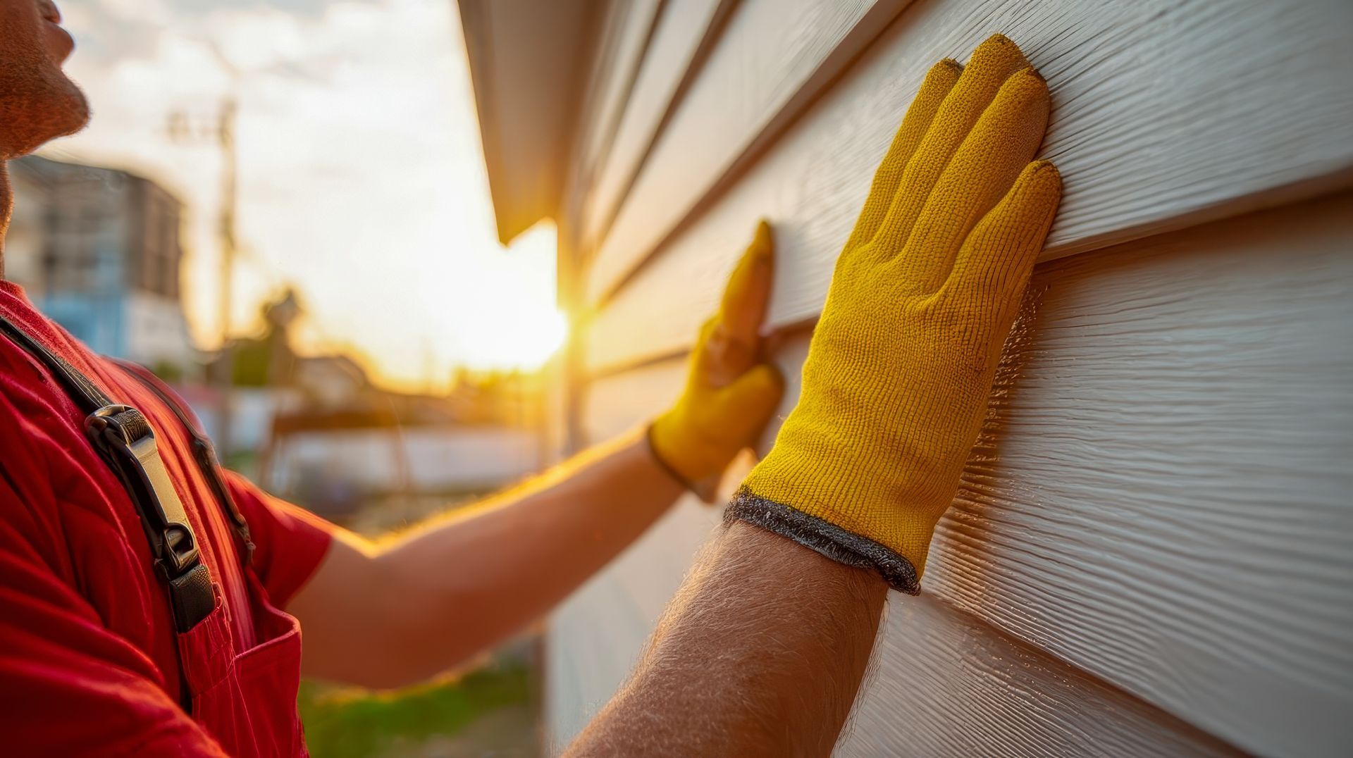 A professional siding contractor installing new light gray vinyl siding on a residential home.