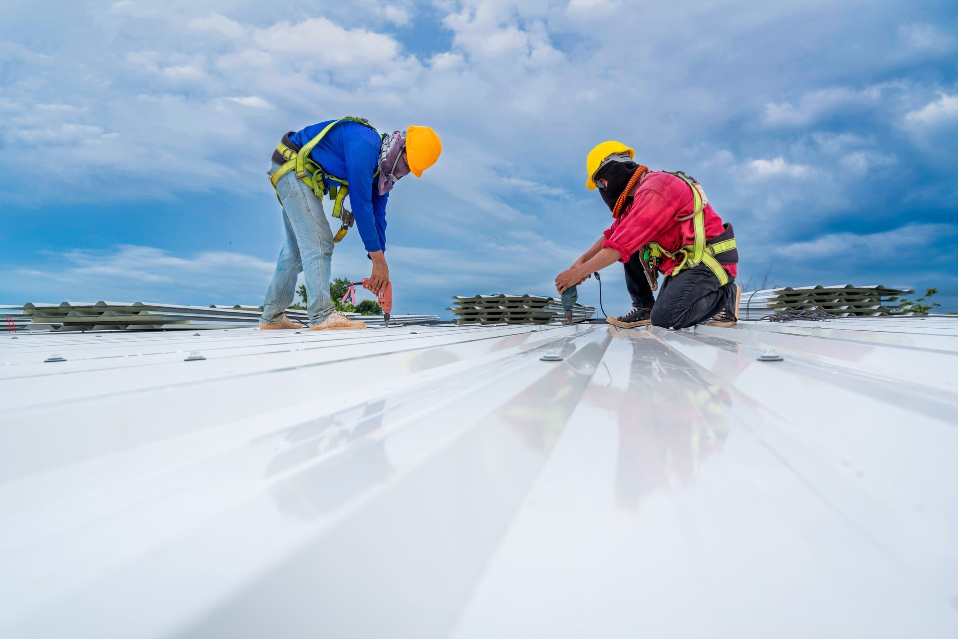 Two roofers in harnesses on a metal roof, installing fasteners. Blue sky overhead.