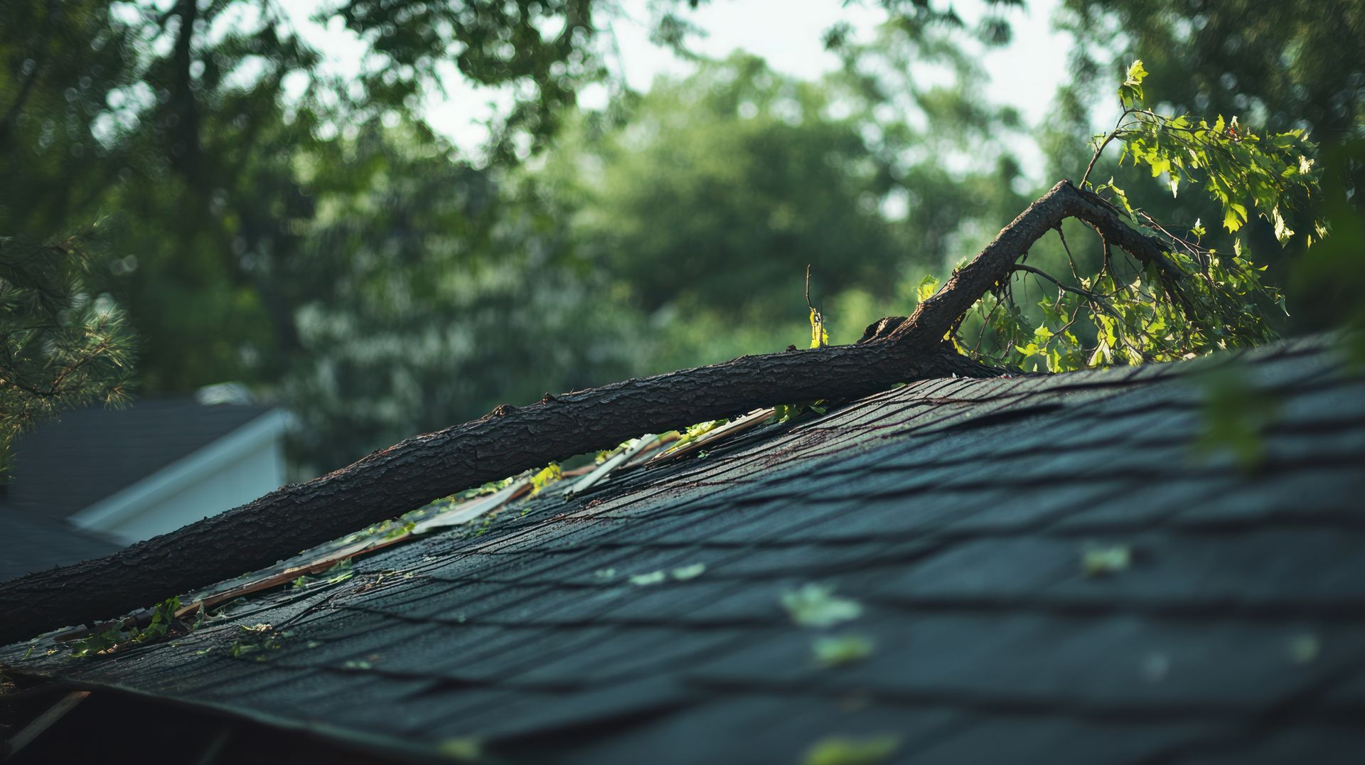 Tree branch fallen on a dark shingle roof with green foliage in the background.