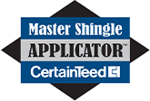 Master Shingle Applicator logo: Blue and white text on a silver and black background, by CertainTeed.
