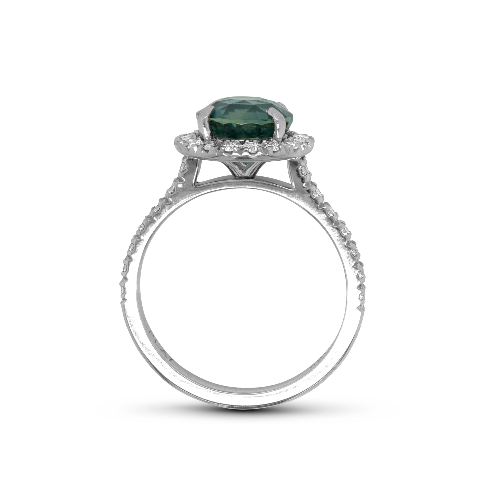 Teal Sapphire and Diamond Halo Ring