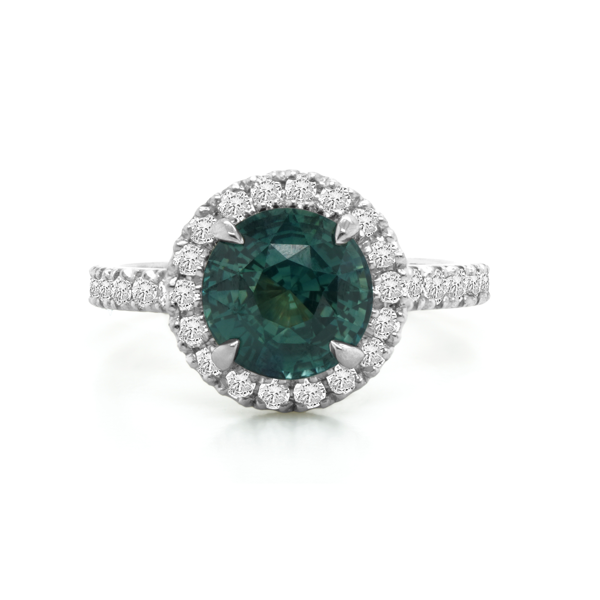Teal Sapphire and Diamond Halo Ring Teal Sapphire and Diamond Halo Ring — Deer Honey Jewellery