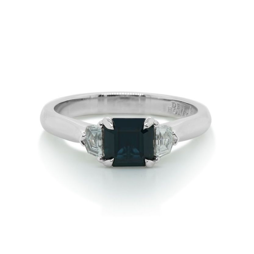 square emerald cut australian sapphire and cadillac diamond ring 