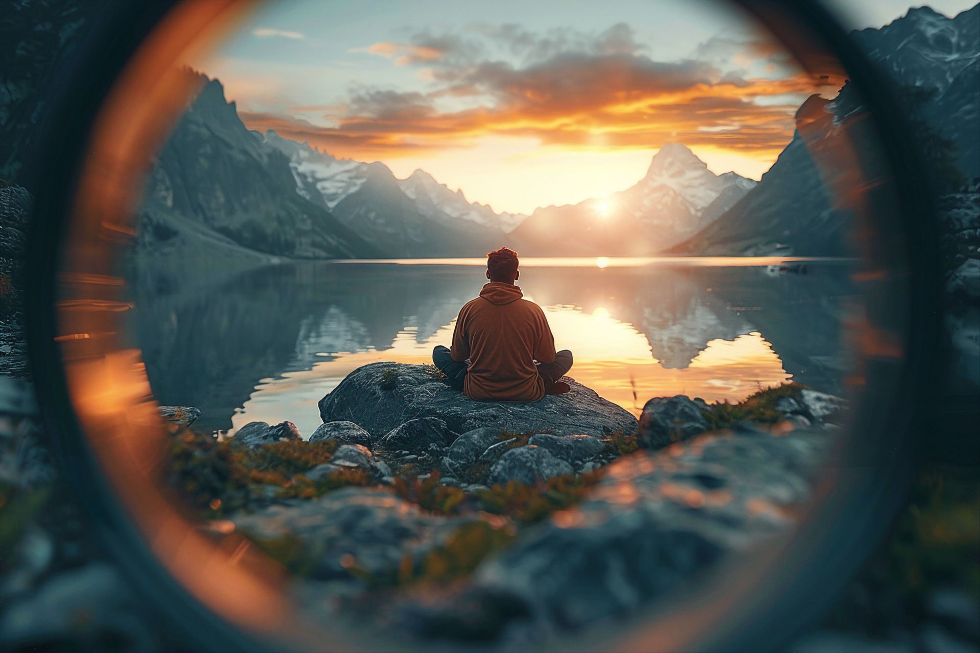 Person meditating on a rock, gazing at mountains and a lake at sunset, framed by a circular object.