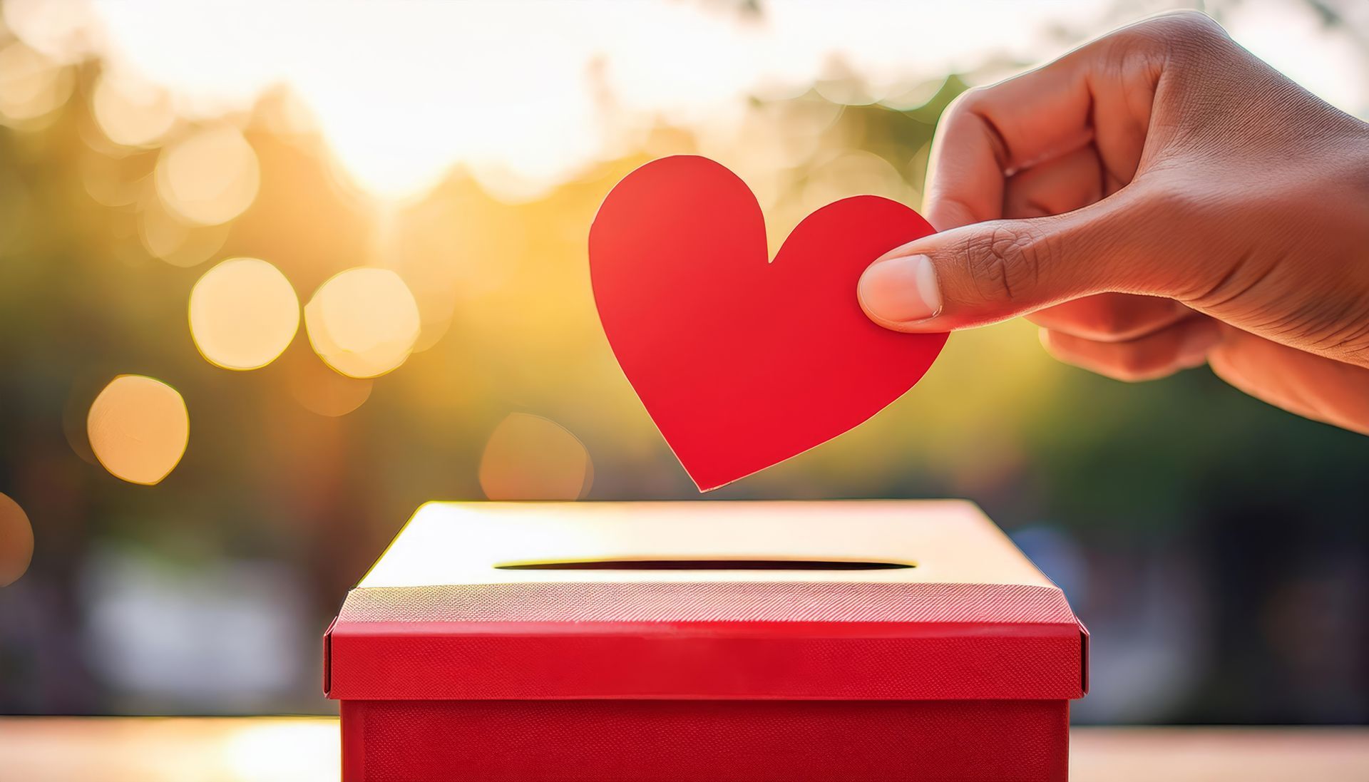 Hand placing a red heart into a red donation box, with a blurred outdoor background.