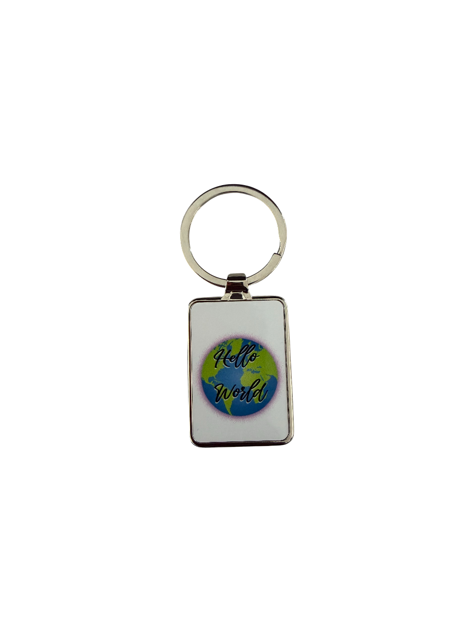 Rectangle keychain with a colorful Earth design and "Hello World" text.