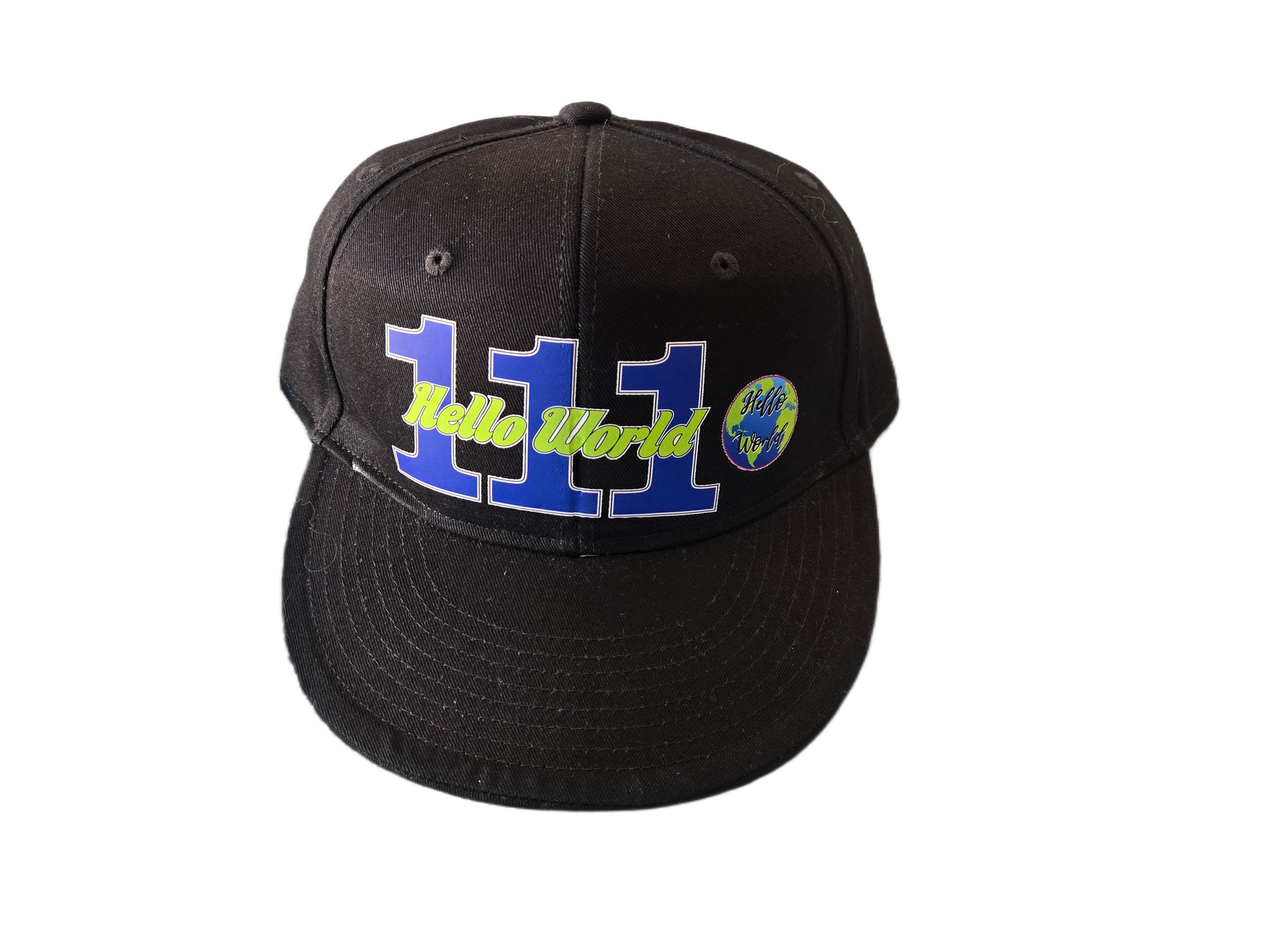 Black cap with blue "111" and green "Hello World" text, plus a globe.