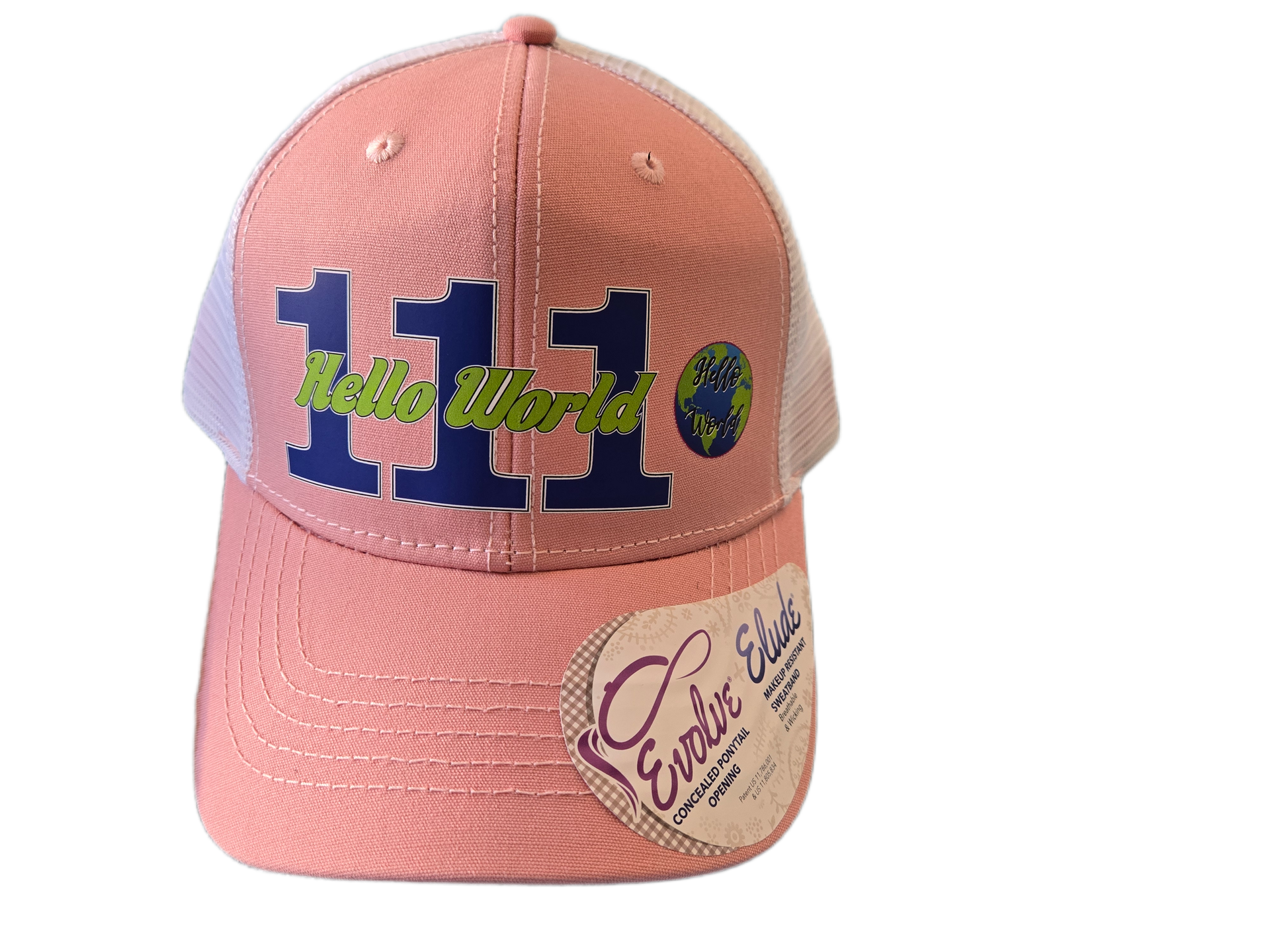 Pink baseball cap with "111 Hello World" text and Earth graphic. White mesh back, "Evento Elite" patch.