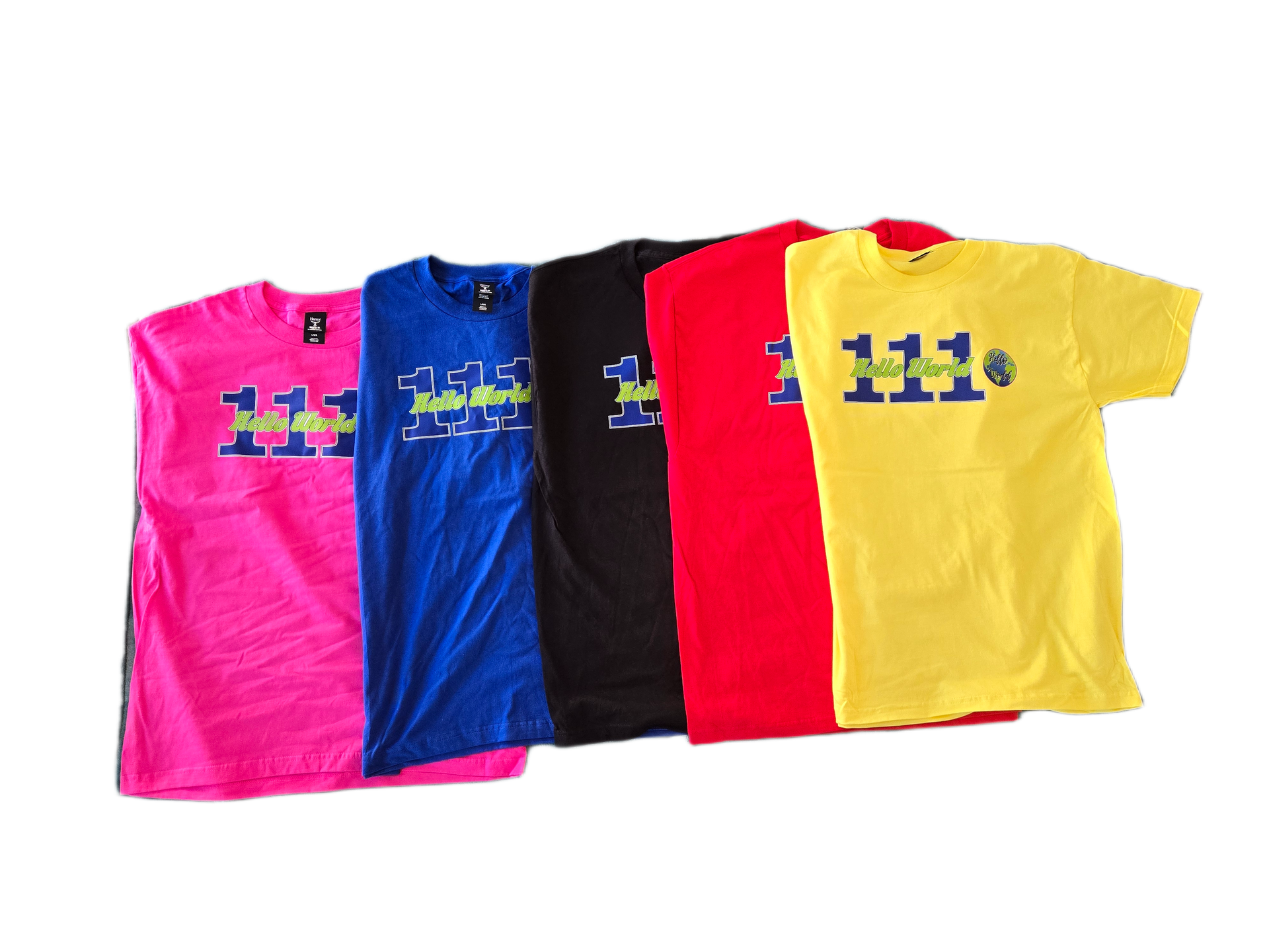 Five colorful t-shirts: pink, blue, black, red, and yellow, each with a "111" logo.