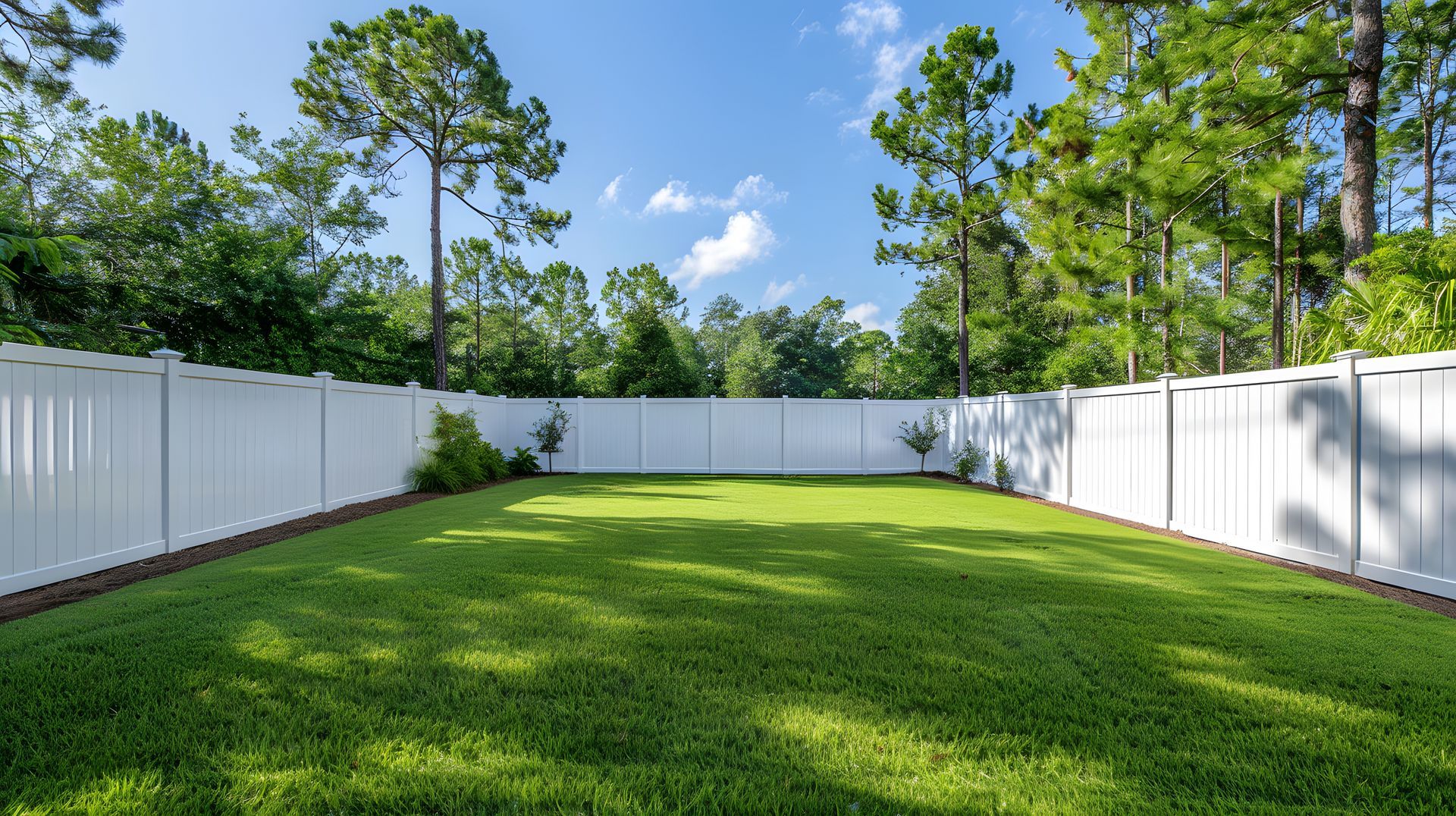 White vinyl privacy fence surrounding a spacious, well-maintained backyard lawn