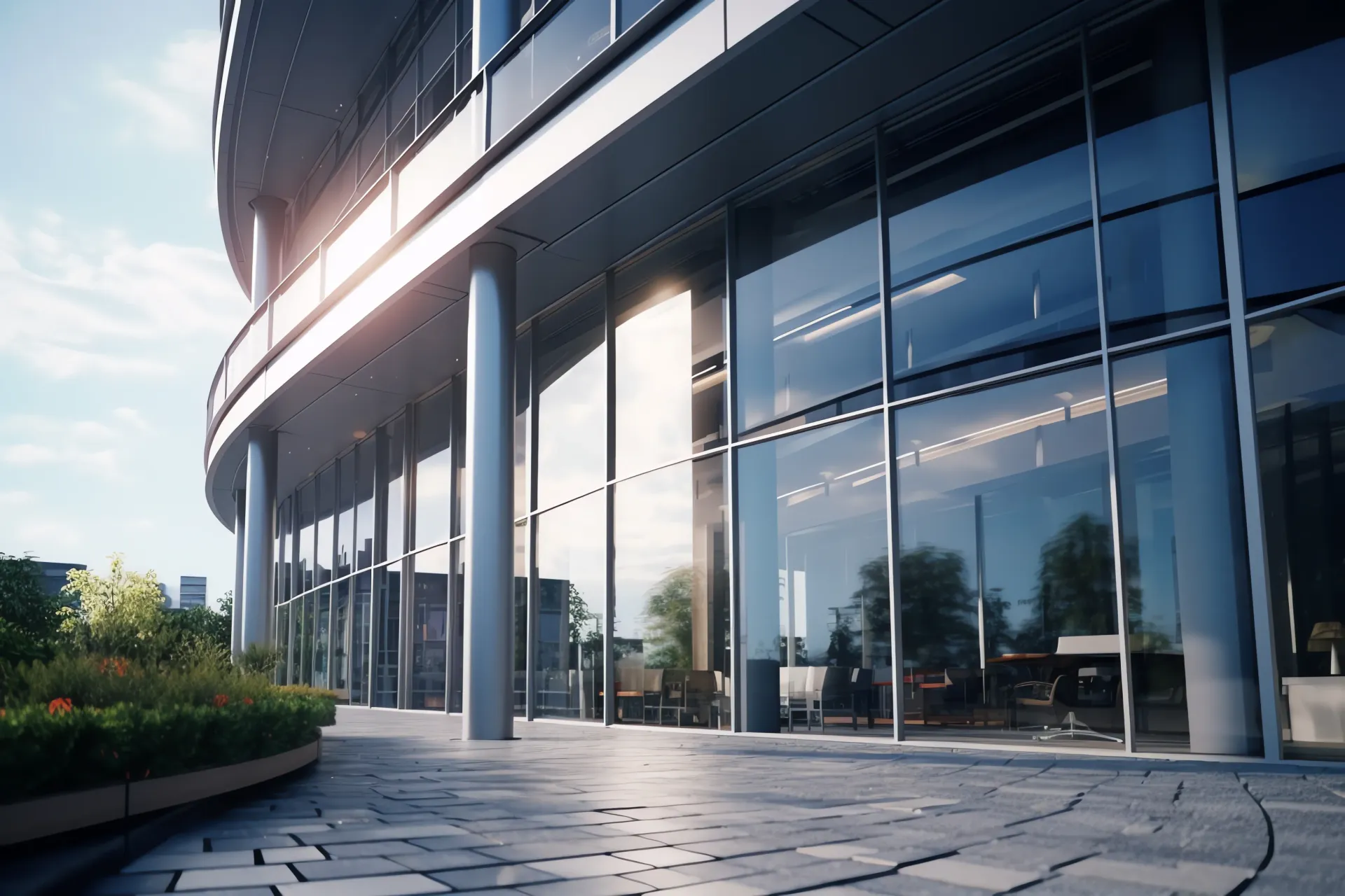 Modern office building with glass facade, rounded corner, and outdoor patio.