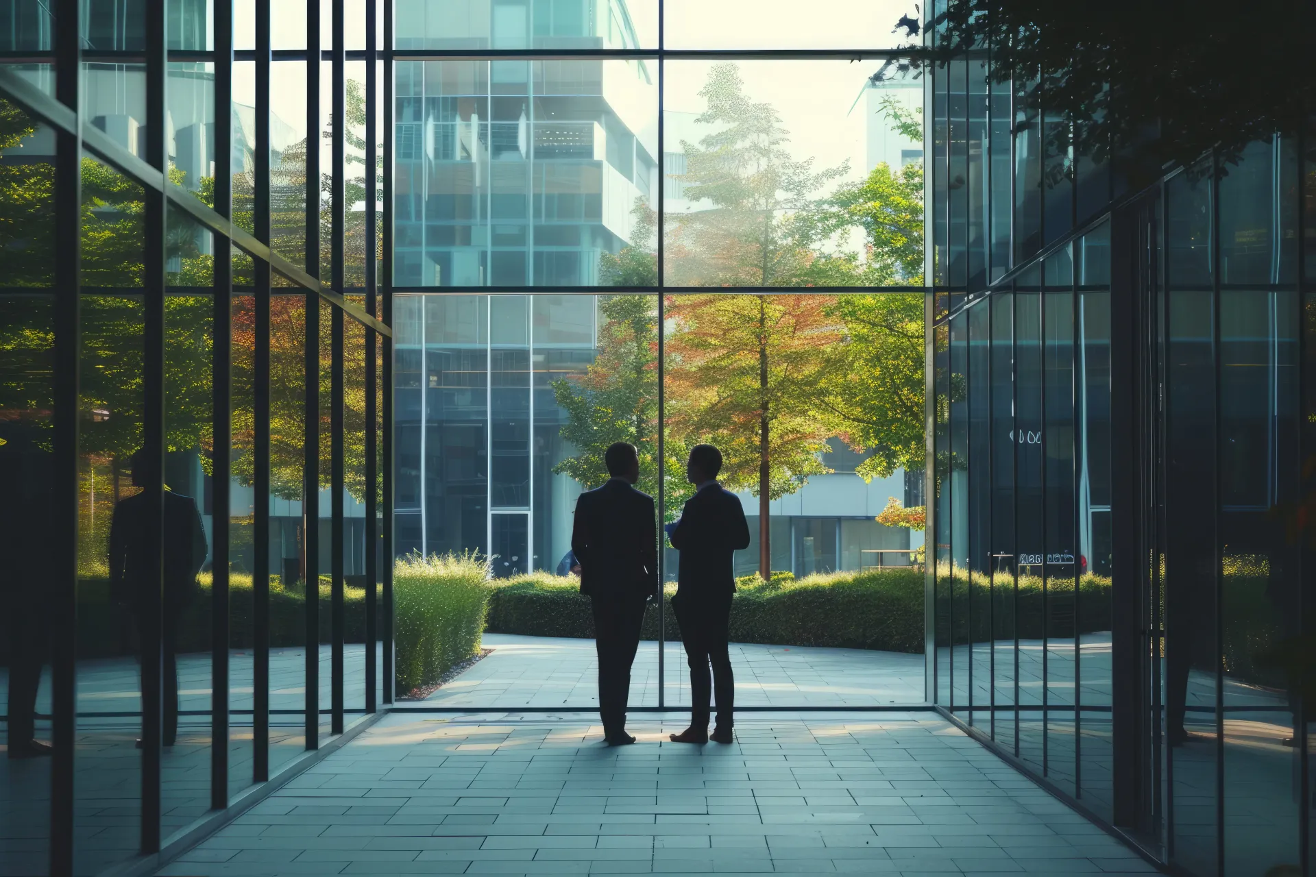 Two figures stand in glass-walled building entrance, looking out at trees and other buildings; sunlight.