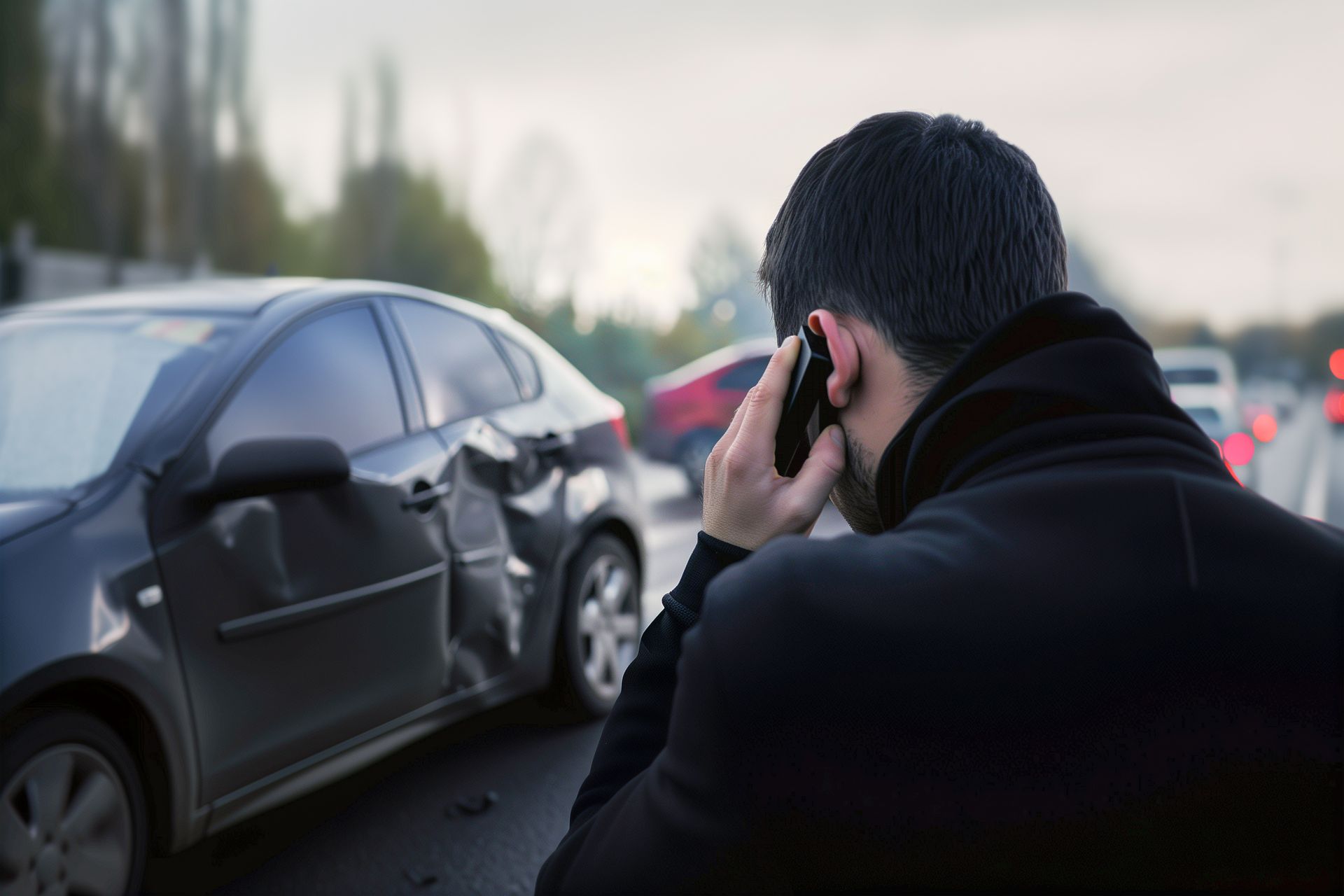 Person on phone next to a damaged black car after a traffic accident on a road.