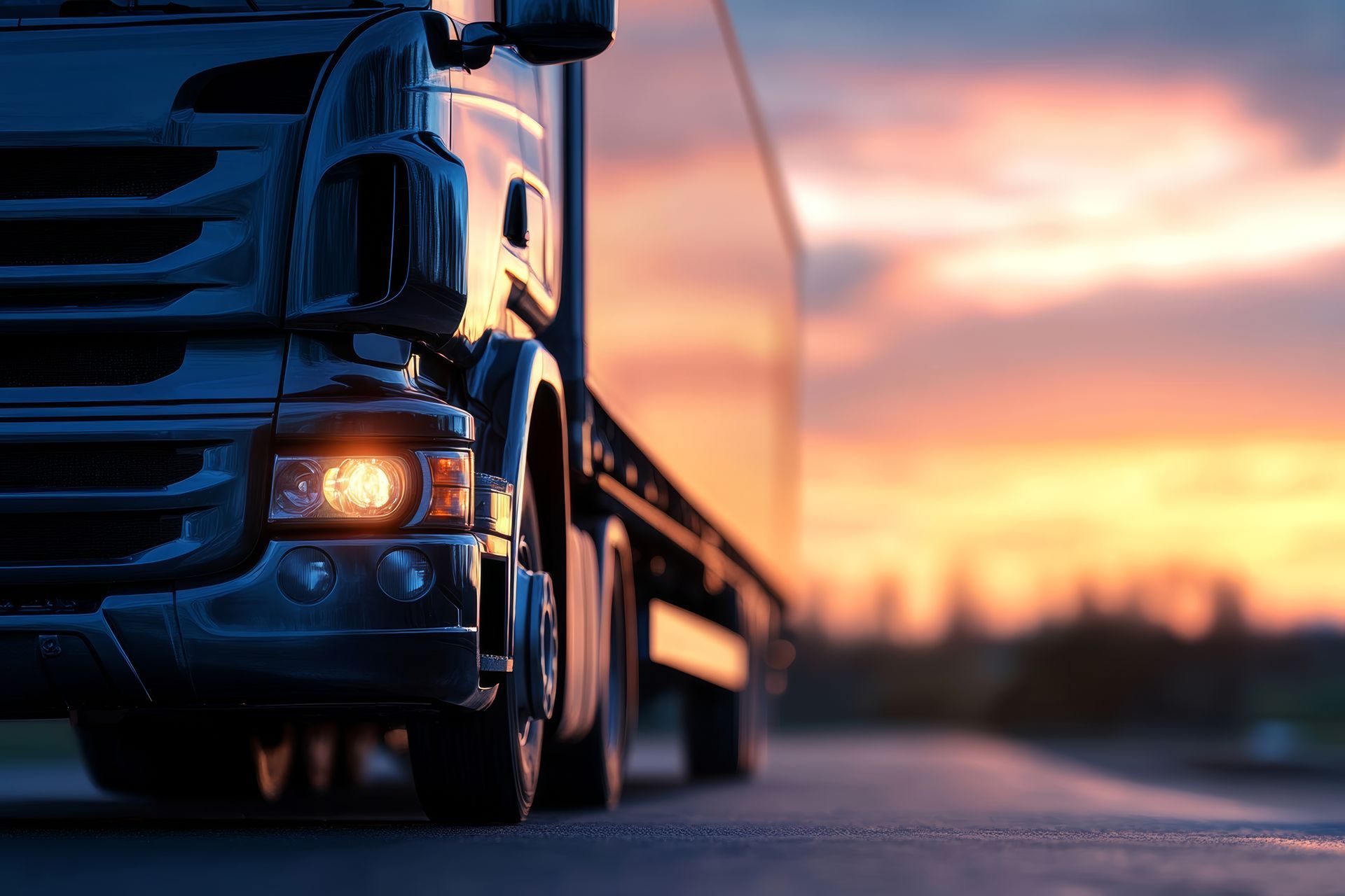 A semi truck is driving down a highway at sunset.