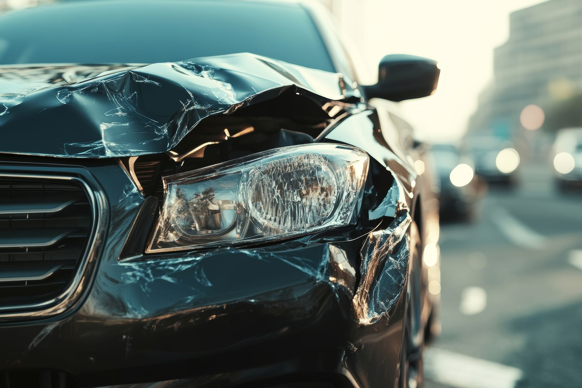 A close up of a car with a damaged hood and headlight.
