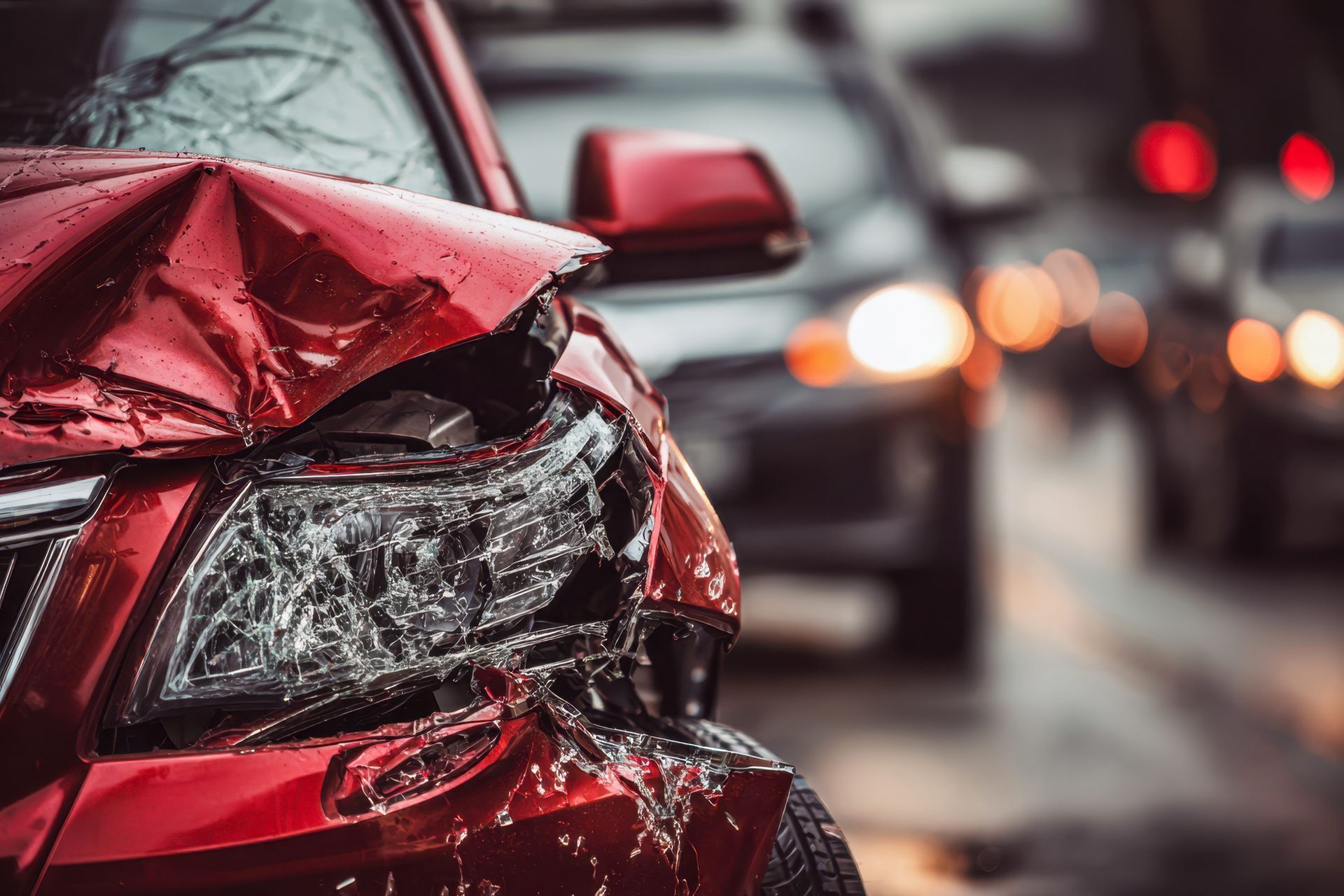 Severely damaged red car rear-end in traffic after a collision, with blurred cars and brake lights behind