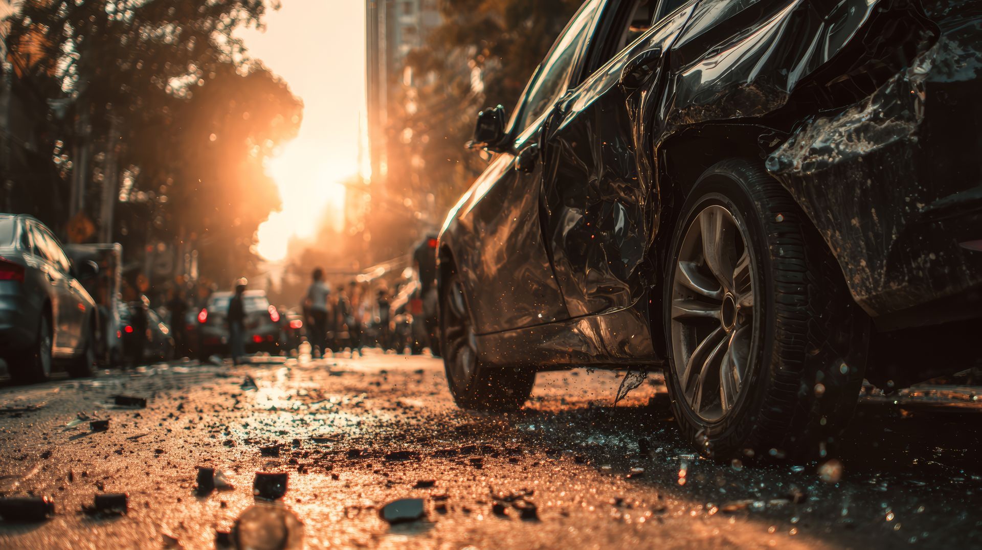 Damaged black car on a debris-covered street at sunset, people in background, city setting.
