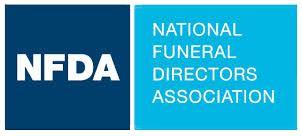 The logo for the national funeral directors association is blue and white.