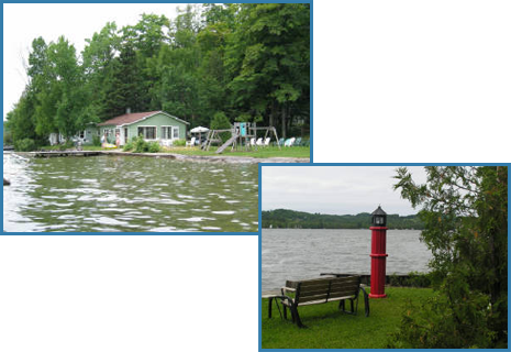 Two pictures of a house and a lighthouse on a lake