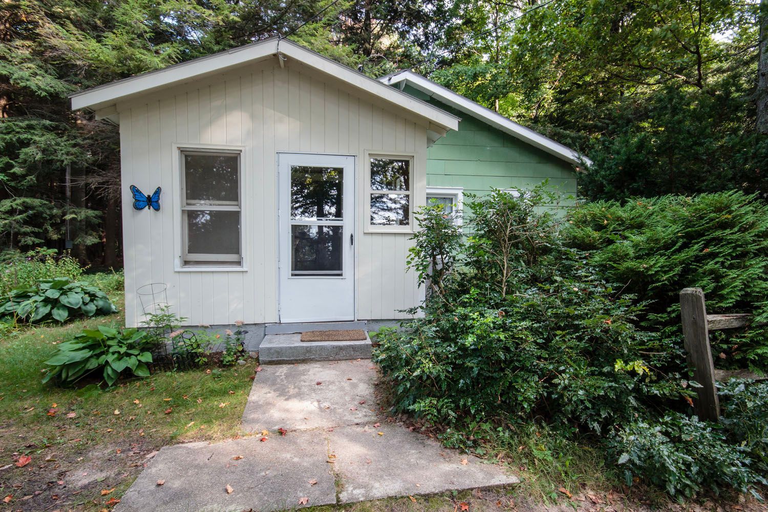 A small white house with a green roof is surrounded by trees and bushes