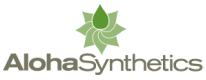 The logo for aloha synthetics is a green flower with a drop of water on it.