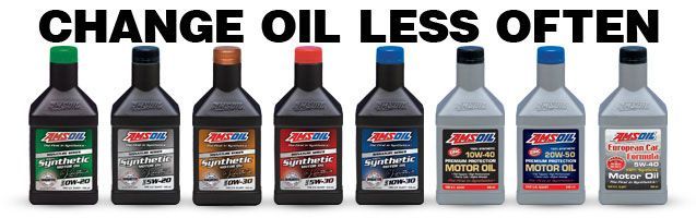 Several bottles of amsoil oil are lined up in a row