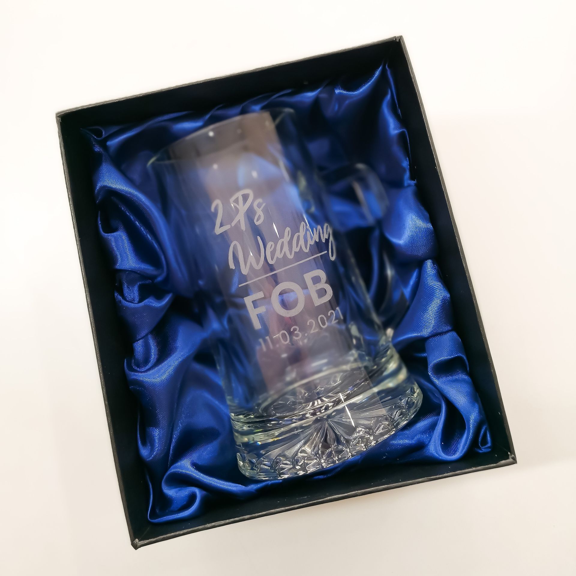 Glass Engraved With Wedding Personalised Message In A Blue Box — NMTG Engraving in Wollongong, NSW