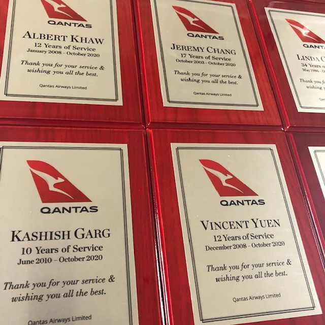 Qantas Plaques For 10 Years Service — NMTG Engraving in Kiama, NSW