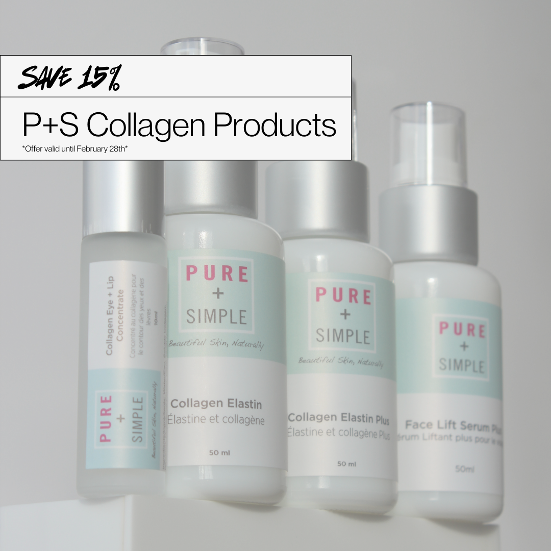 Four bottles of p + s collagen products are lined up in a row