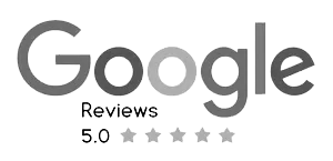 The google reviews logo is black and white and has five stars.