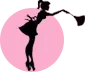 A silhouette of a figure wearing an apron and holding a feather duster against a light pink circular background.
