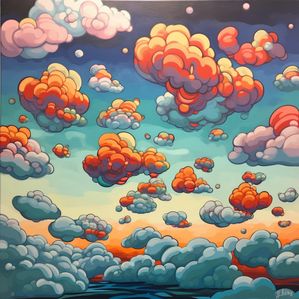 A painting of colorful clouds in a blue sky