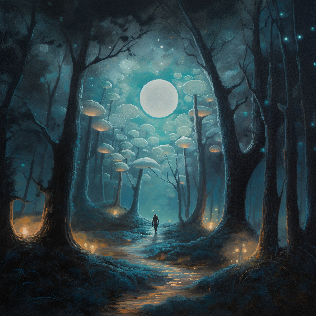 A painting of a person walking through a forest at night