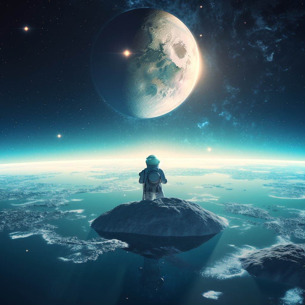 An astronaut is standing on a rock looking at the moon