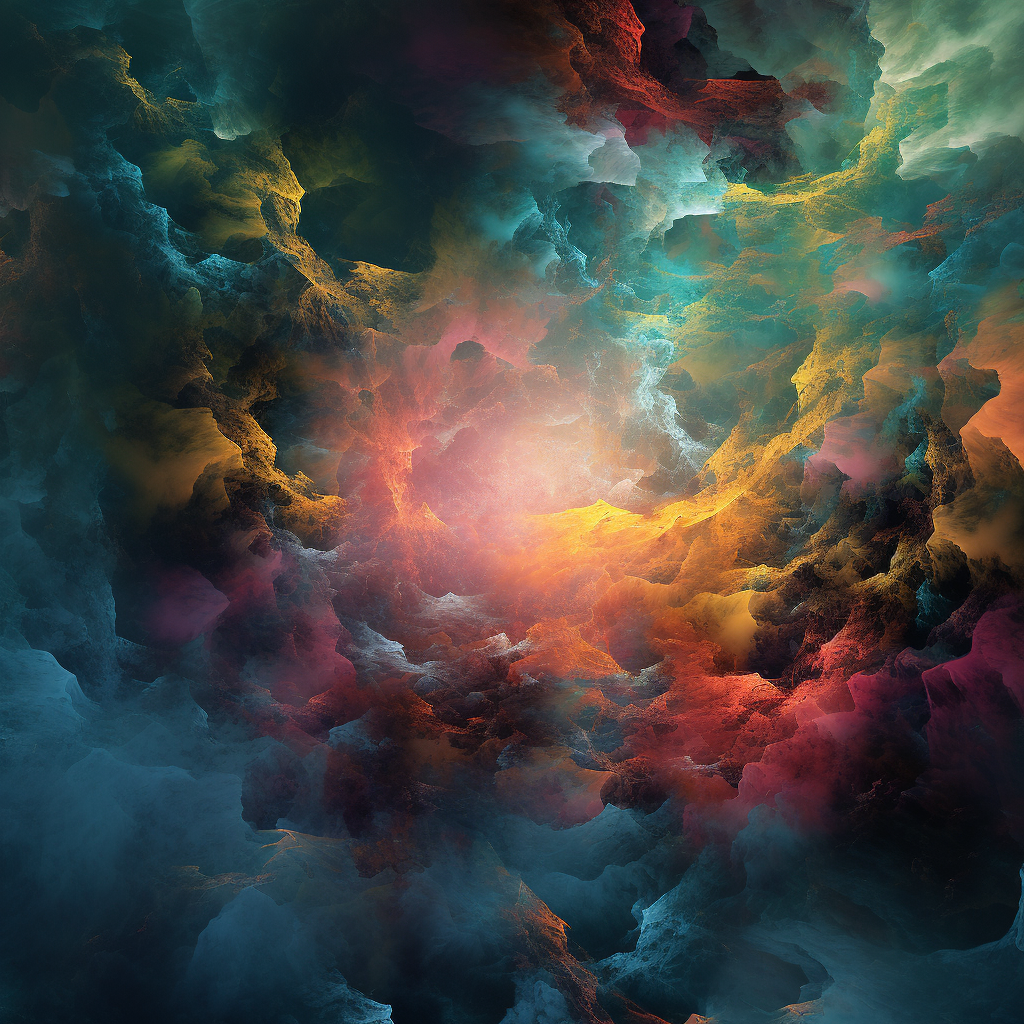 A painting of a colorful cloudy sky with a light coming out of the middle.