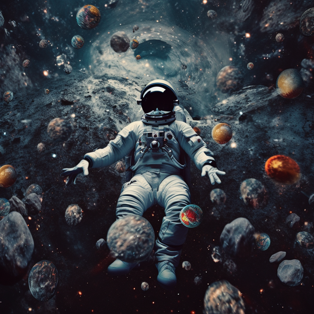 An astronaut is floating in space surrounded by planets