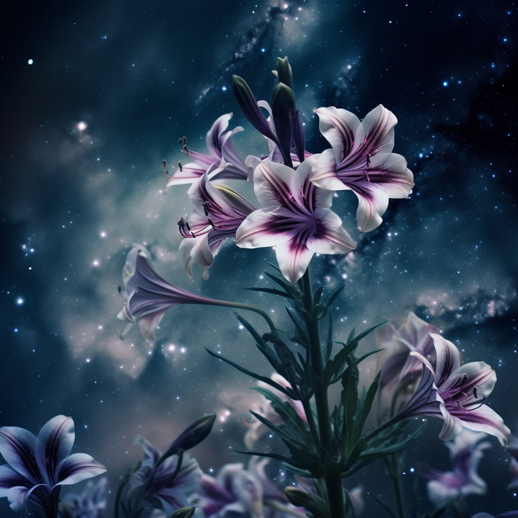 A bunch of purple and white flowers against a starry sky