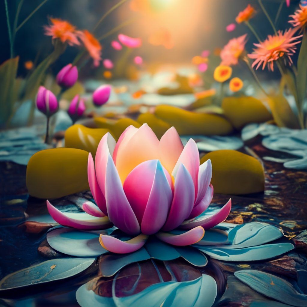 A pink lotus flower is surrounded by lily pads in a pond.