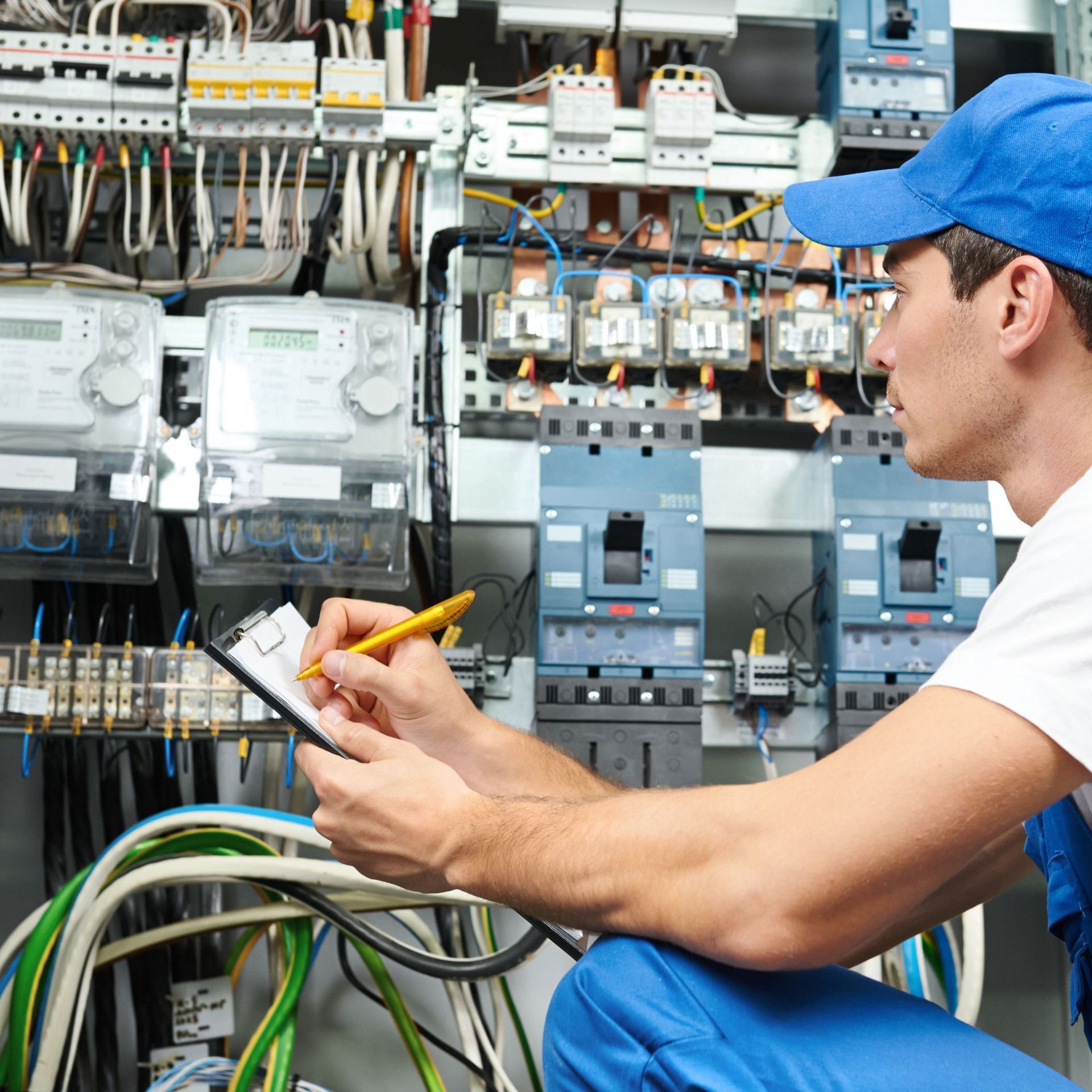 A kitchen with white cabinets , blue cabinets , and stainless steel appliances.