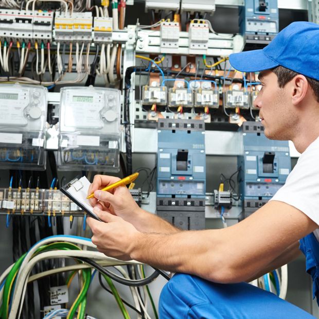 A kitchen with white cabinets , blue cabinets , and stainless steel appliances.